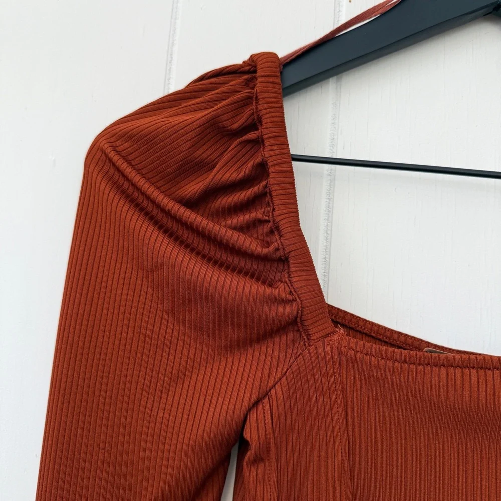 Free People It Girl Square Neck Puff Sleeve Top Long Sleeve Ribbed Rust Orange